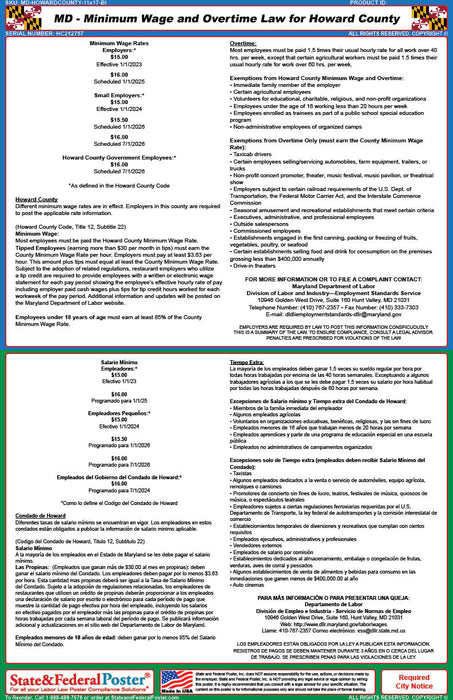 Digital Howard County, Maryland Minimum Wage & Overtime Poster (Bilingual)