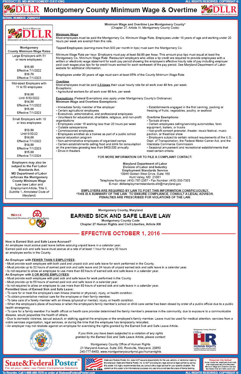 Montgomery County, Maryland Labor Law Poster — State and Federal Poster