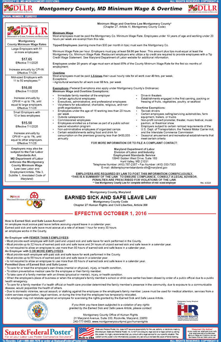 Montgomery County, Maryland Labor Law Poster - State and Federal Poster