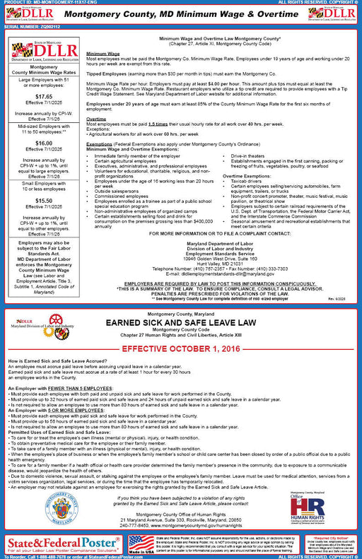 Montgomery County, Maryland Labor Law Poster - State and Federal Poster