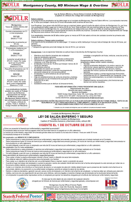 Montgomery County, Maryland Labor Law Poster - State and Federal Poster