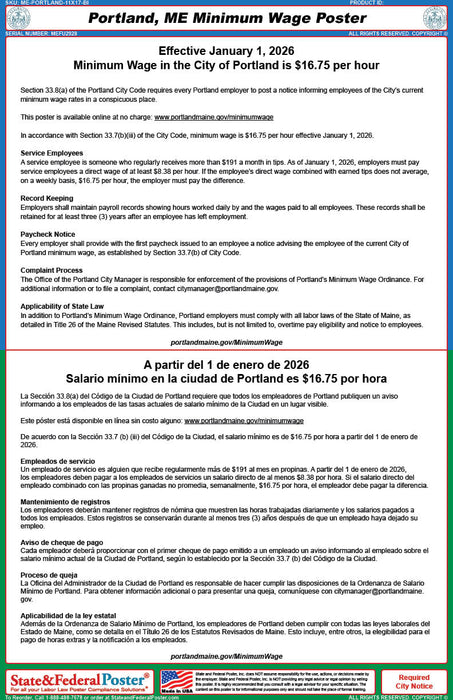 Digital Portland, Maine Minimum Wage Poster (Bilingual) - State and Federal Poster