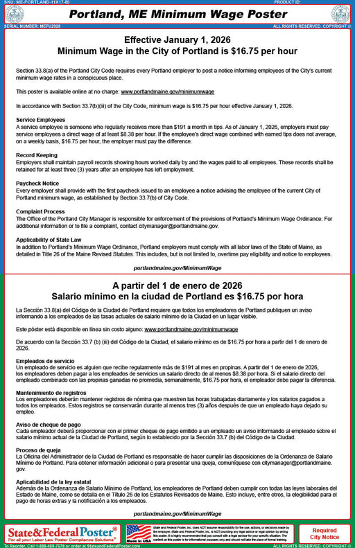 Digital Portland, Maine Minimum Wage Poster (Bilingual) - State and Federal Poster