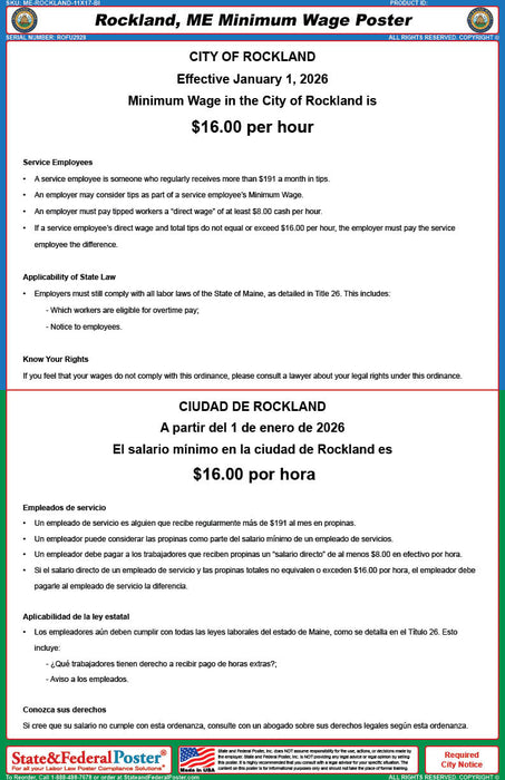 Rockland, Maine Minimum Wage Poster (Bilingual) - State and Federal Poster
