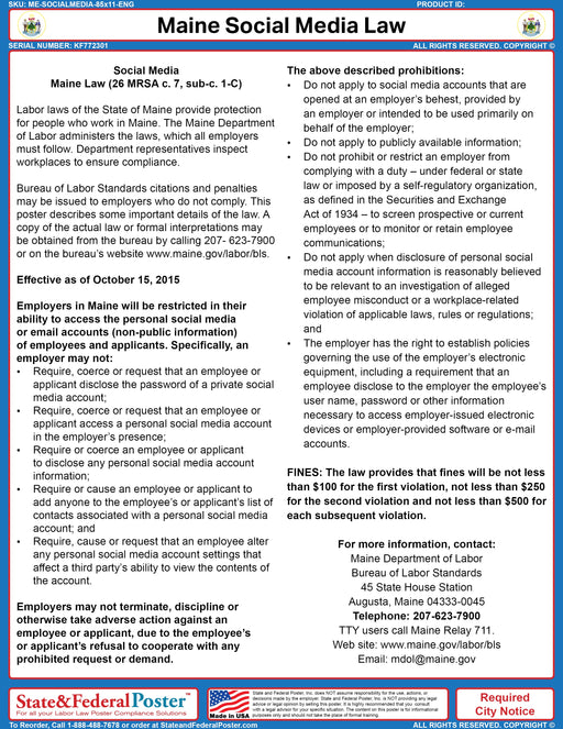 Maine Social Media Ordinance Poster - State and Federal Poster