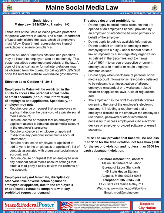 Maine Social Media Ordinance Poster - State and Federal Poster