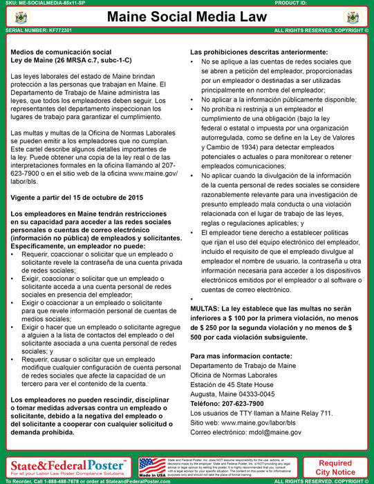 Maine Social Media Ordinance Poster - State and Federal Poster