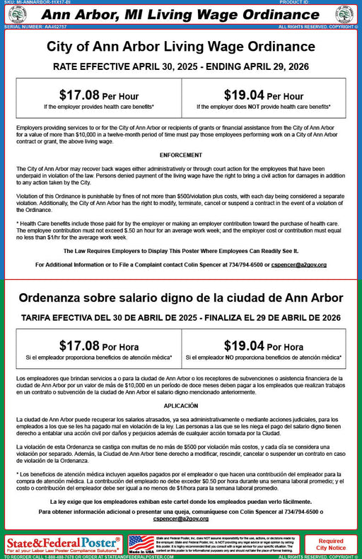 Ann Arbor, Michigan Labor Law Poster (Bilingual) - State and Federal Poster