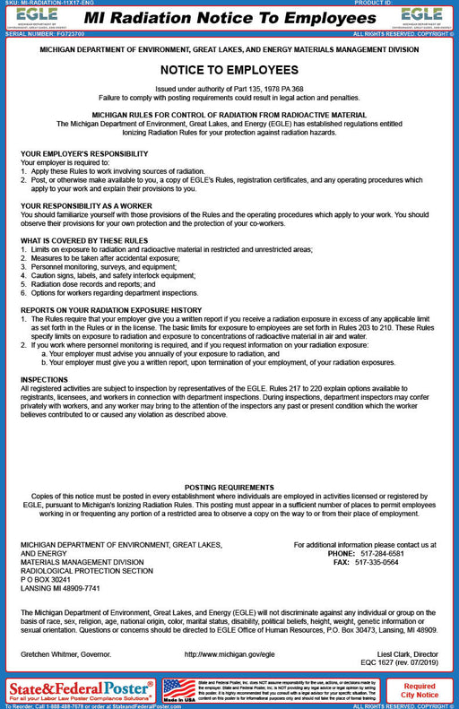 Michigan Rules For Control of Radiation From Radioactive Material - State and Federal Poster