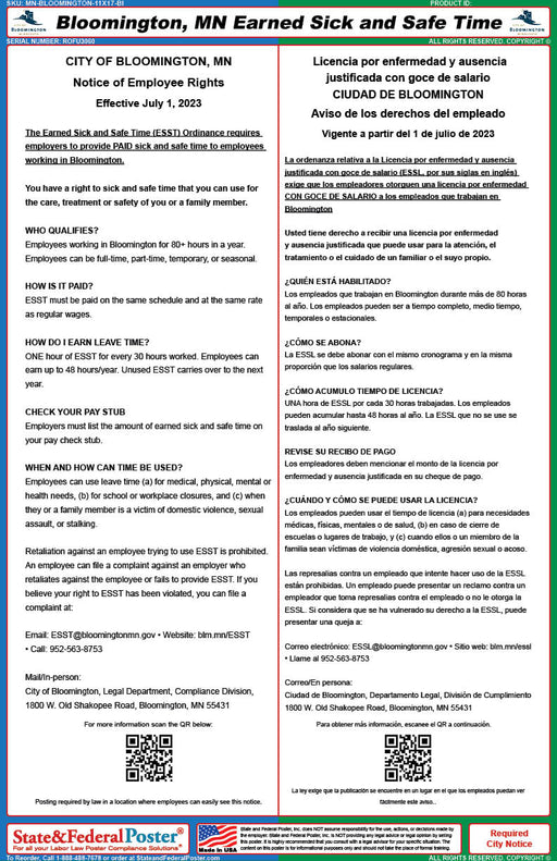 Bloomington, MN Earned Sick and Safe Time (Bilingual) - State and Federal Poster