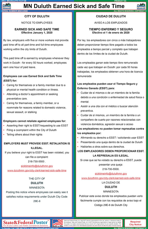 Duluth, Minnesota Earned Sick and Safe Time Poster (Bilingual) - State and Federal Poster