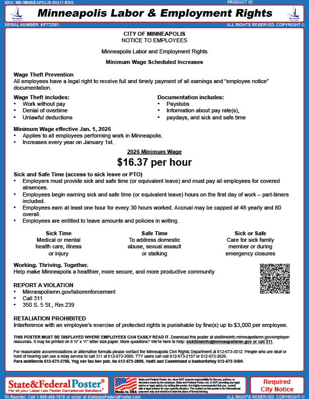 Digital Minneapolis, Minnesota Minimum Wage & Employment Rights Poster ...