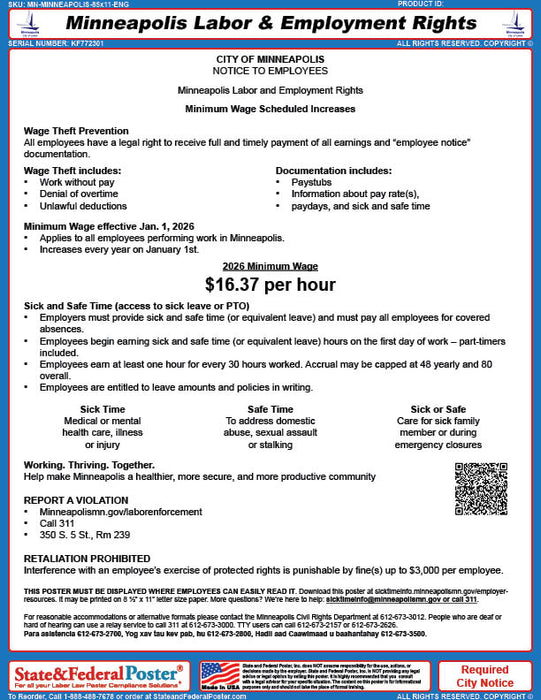 Digital Minneapolis, Minnesota Minimum Wage & Employment Rights Poster