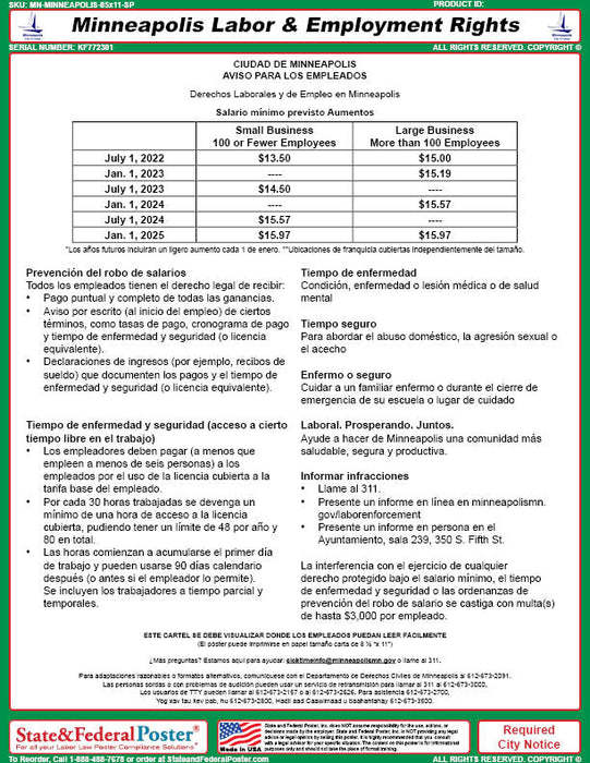 Minneapolis, Minnesota Minimum Wage & Employment Rights Poster - State and Federal Poster