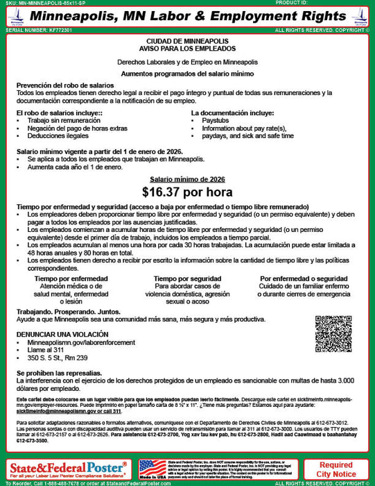 Digital Minneapolis, Minnesota Minimum Wage & Employment Rights Poster