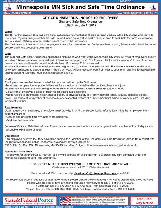 Minneapolis, Minnesota Sick and Safe Time Ordinance - State and Federal Poster