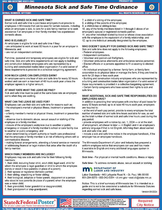 Minnesota Sick and Safe Time Ordinance - State and Federal Poster