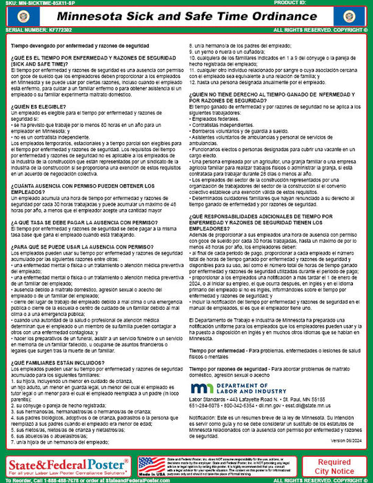 Minnesota Sick and Safe Time Ordinance - State and Federal Poster
