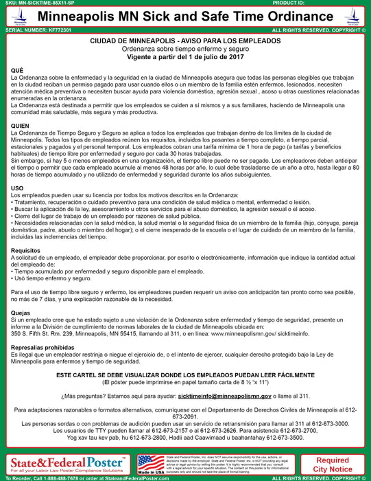 Minneapolis, Minnesota Sick and Safe Time Ordinance - State and Federal Poster