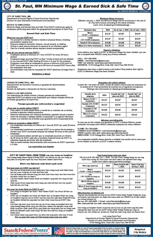 St. Paul, Minnesota Minimum Wage + Earned Sick & Safe Time (Multilingual) - State and Federal Poster