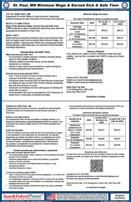 St. Paul, Minnesota Minimum Wage + Earned Sick & Safe Time (Bilingual)