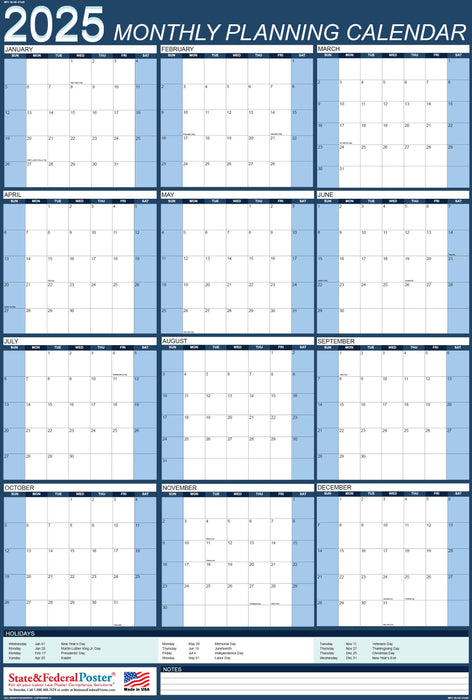 2025 Monthly Planning Calendar 27x40 - Vertical