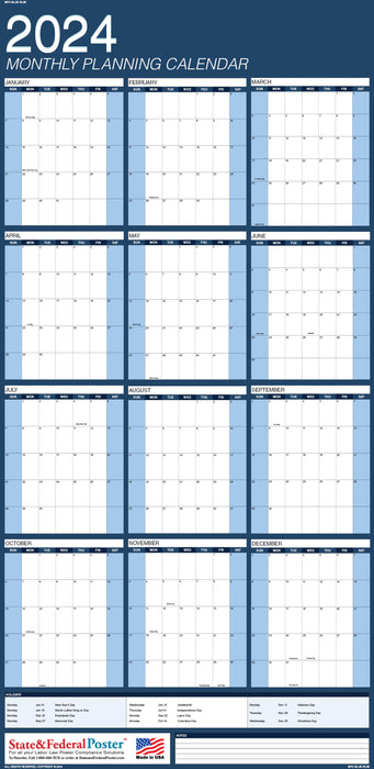 2024 Monthly Planning Calendar 20x40 - Vertical Blue
