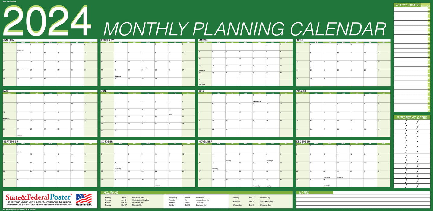 2024 Monthly Planning Calendar 40x20 - Horizontal Green