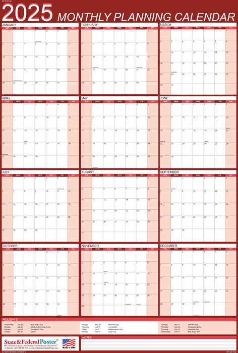 2025 Monthly Planning Calendar 27x40 - Vertical