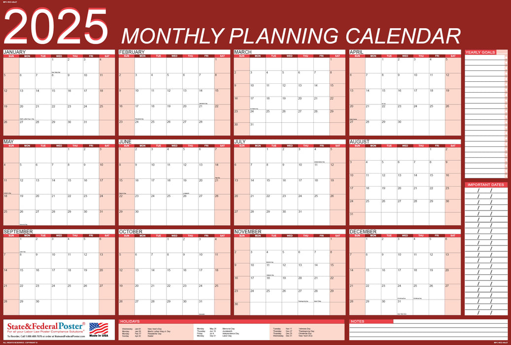 2025 Monthly Planning Calendar 40x27 - Horizontal