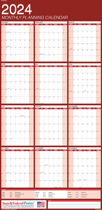 2024 Monthly Planning Calendar 20x40 - Vertical Red