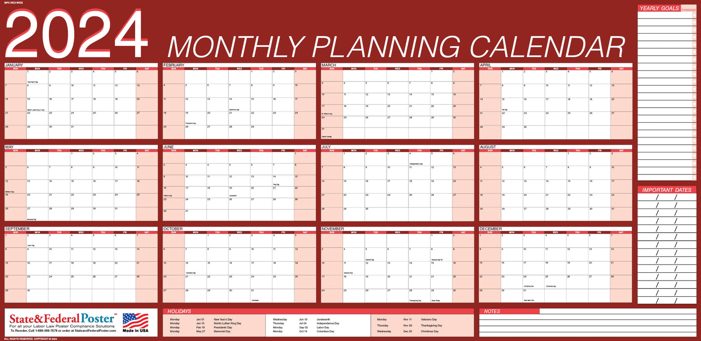 2024 Monthly Planning Calendar 40x20 - Horizontal Red