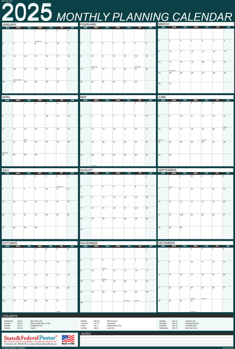 2025 Monthly Planning Calendar 27x40 - Vertical