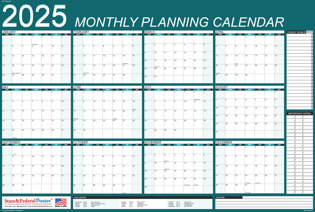 2025 Monthly Planning Calendar 40x27 - Horizontal