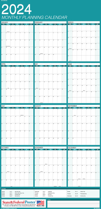 2024 Monthly Planning Calendar 20x40 - Vertical Turquoise