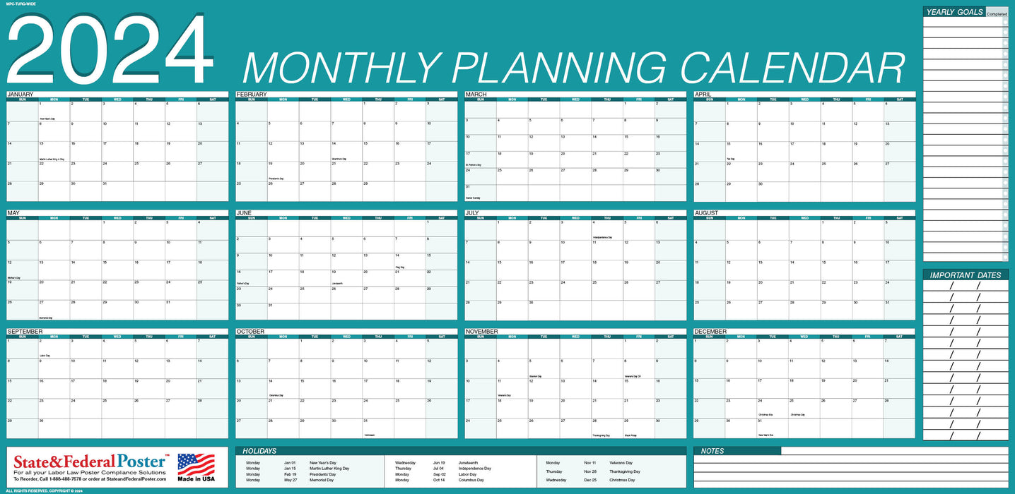 2024 Monthly Planning Calendar 40x20 - Horizontal Turquoise