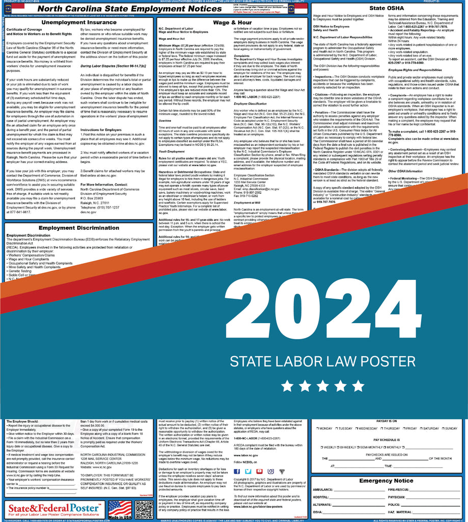 PREORDER - North Carolina State Labor Law Poster 2024 — State and Federal  Poster
