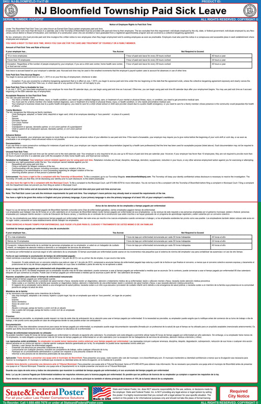 NJ Bloomfield Township Paid Sick Leave Poster (Bilingual) - State and Federal Poster