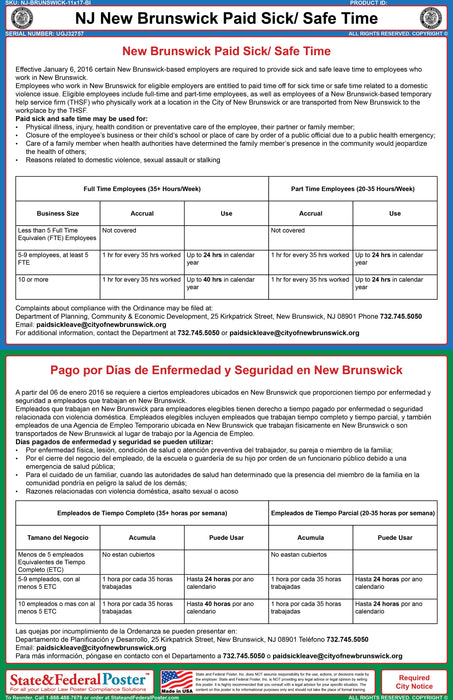 NJ New Brunswick City Paid Sick and Safe Time Poster (Bilingual) - State and Federal Poster