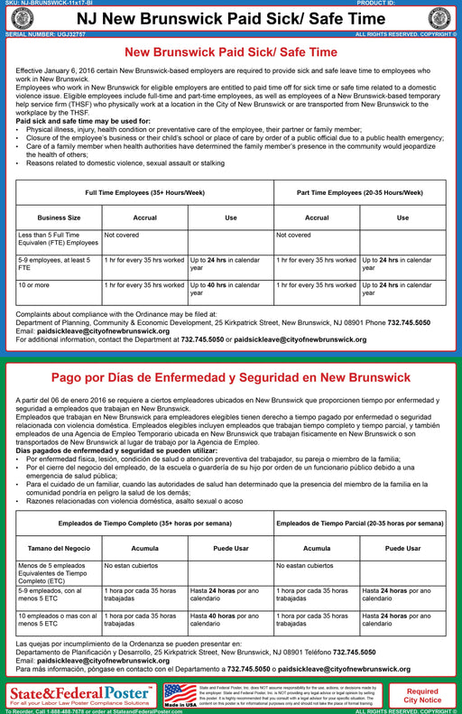 NJ New Brunswick City Paid Sick and Safe Time Poster (Bilingual) - State and Federal Poster