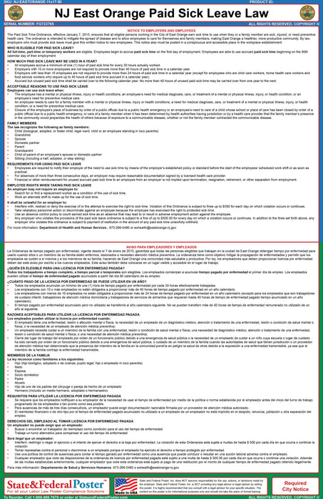 NJ East Orange City Paid Sick Leave Poster (Bilingual) - State and Federal Poster
