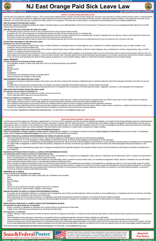 NJ East Orange City Paid Sick Leave Poster (Bilingual) - State and Federal Poster
