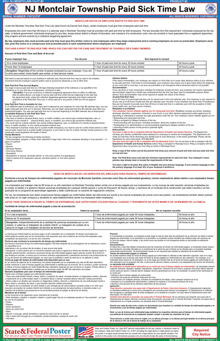 NJ Montclair Township Paid Sick Time Poster (Bilingual) - State and Federal Poster