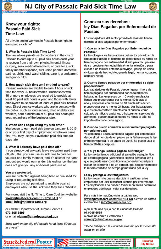 NJ Passaic City Paid Sick Time Poster (Bilingual) - State and Federal Poster