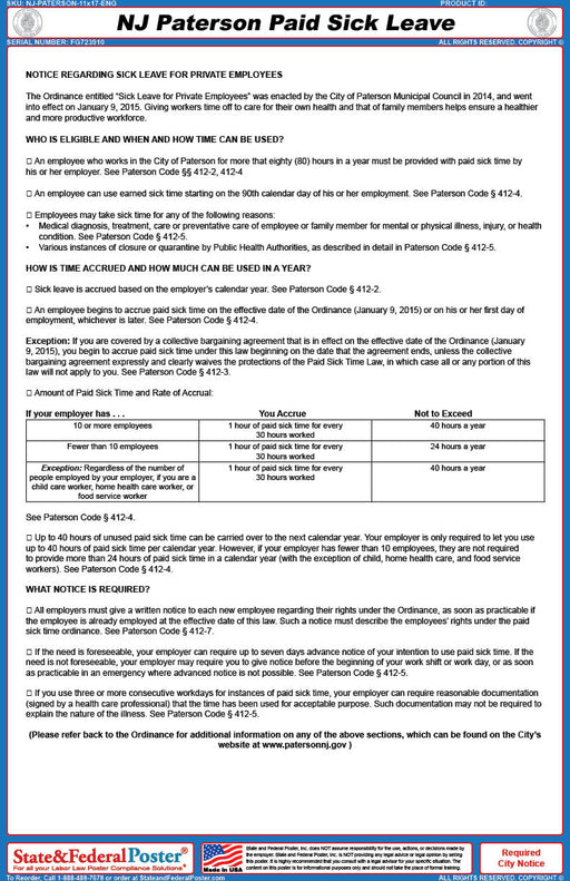 Paterson, New Jersey Paid Sick Leave Poster - State and Federal Poster