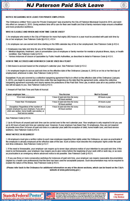 Digital Paterson, New Jersey Paid Sick Leave Poster
