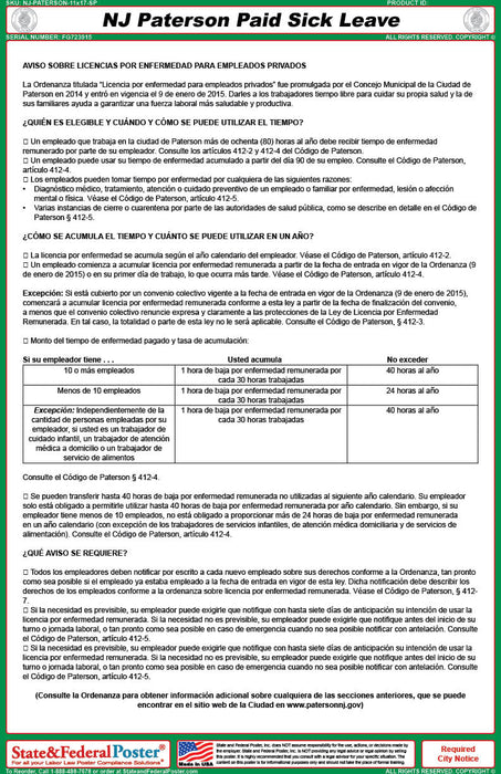 Paterson, New Jersey Paid Sick Leave Poster - State and Federal Poster