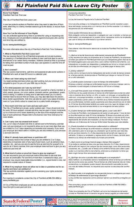 Digital Plainfield, New Jersey Paid Sick Leave City Poster (Bilingual) - State and Federal Poster