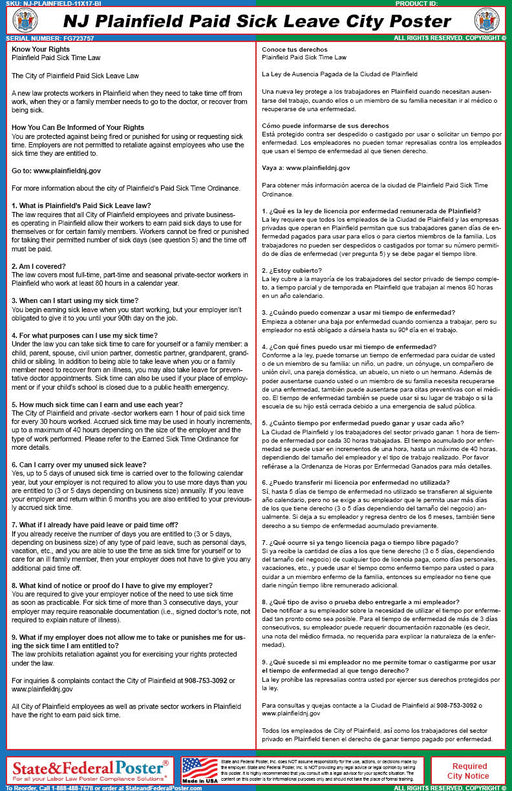 Digital Plainfield, New Jersey Paid Sick Leave City Poster (Bilingual) - State and Federal Poster