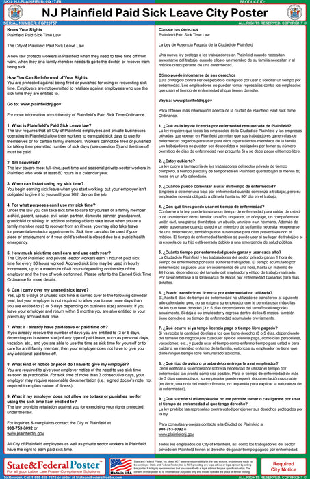 NJ Plainfield Paid Sick Leave City Poster (Bilingual) - State and Federal Poster